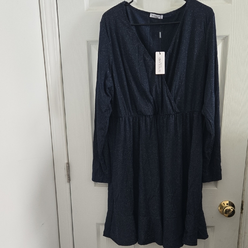 IN'VOLAND Plus Size Womens Glitter Dress V Neck Long Sleeve Ruffle Hem Swing